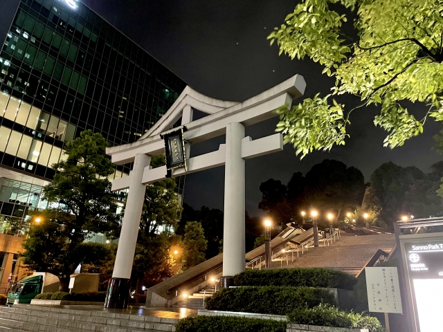 夜の山王日枝神社　鳥居